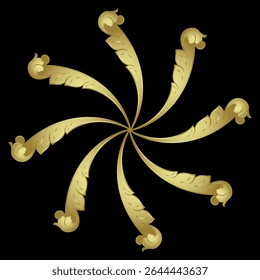 Round spiral star shape decor or mandala with stylized leaves. Vintage baroque motif. Golden glossy silhouette on black background.