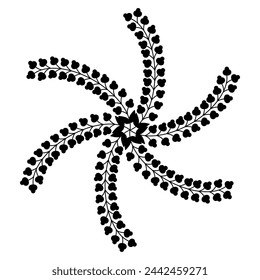 Round spiral star shape mandala with leaf branches. Botanical floral decorative element. Black silhouette on white background.