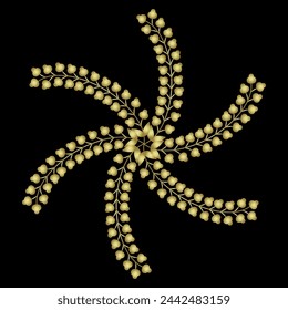 Round spiral star shape mandala with leaf branches. Botanical floral decorative element. Golden glossy silhouette on black background.