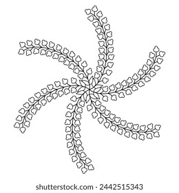 Round spiral star shape mandala with leaf branches. Botanical floral decorative element. Black and white linear silhouette.