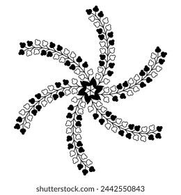 Round spiral star shape mandala with leaf branches. Botanical floral decorative element. Black and white silhouette.