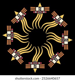 Round spiral star shape mandala or frame with Native American motifs.