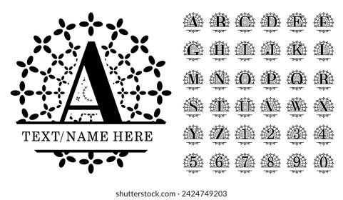 Round Split Alphabet Monogram Letters A-Z, Mandala Split Letter For Decoration, Family Name Sign Split Font Graphic Vector Design, Wedding Monograms Fonts