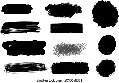 Round Sponge Thin Artist Long And Curved Brush strokes. Background Mix of High Detailed Abstract stroke Set.Black ink vector brush strokes