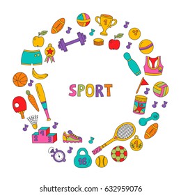 Round sport doodles frame border decorative colorful activity fitness symbols