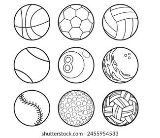 Round sports equipment set cartoon outline stroke icon