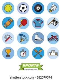 Round sports filled line icons vector set 2. Collection of symbols in blue toned circles