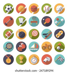 Round sports and gymnastics flat design long shadow vector icon set. Collection of 25 color symbols in circles.