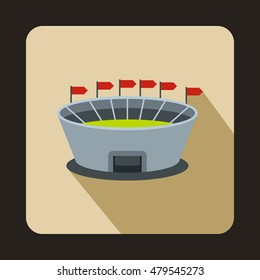 Round Sports Stadium With Flags Icon In Flat Style With Long Shadow. Championship Symbol Vector Illustration