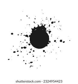 Round spot with splashes, an explosion of paint, drops, splashes coming from circle. Design element. Watercolor, isolated, white background. Vector illustration