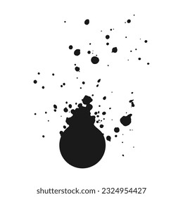 Round spot with splashes, an explosion of paint, drops, splashes coming from circle. Design element. Watercolor, isolated, white background. Vector illustration