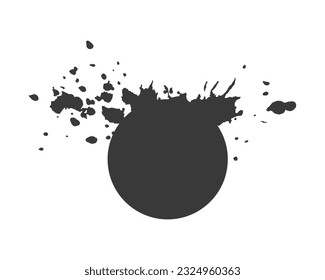 Round spot with splashes, an explosion of paint, drops, splashes coming from circle. Design element. Watercolor, isolated, white background. Vector illustration