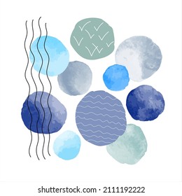 Round spots, blue watercolor stains, shapes, grunge brush strokes collage, uneven watercolor circles composition. Water, sea related abstract illustration with doodle style hand drawn waves, scribbles