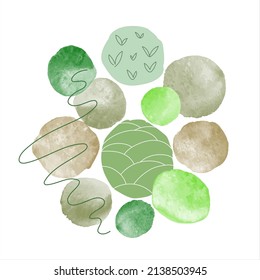 Round spots, grass green watercolor stains, shapes, grunge brush strokes collage, uneven watercolor circles composition. Nature, eco, vegan abstract illustration with doodle style hand drawn scribbles