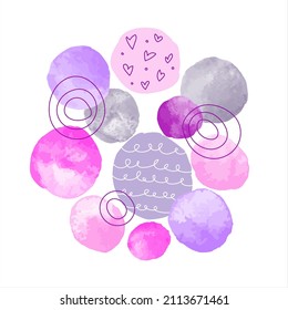 Runde Flecken, Aquarellflecken, Formen, farbige Grunge-Pinselstriche. Rosa, lila, violette ungerade Aquarellkreisbildung. Abstrakte Illustration mit handgezeichneten, doodle-artigen Herzen, Schreien