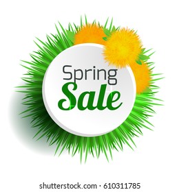 Round spring banner with grass and dandelions. Spring sale. Discounts. Vector element for your design