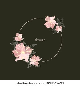Marco redondo de primavera con flores en un estilo contorno y una invitación a las vacaciones. Ilustración plana vectorial.