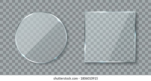 Round and square acrylic banners. Mirror glass lens with glossy glare reflections set, realistic clear wall window with shadows isolated on transparent background, 3d vector mockups collection