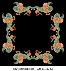 Round square animal frame with fantastic medieval dragons. On black background.