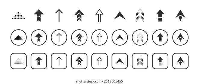 Round square arrow cursor icon set for user interface. Flat solid arrows collection vector