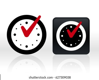 Round and square clocks with check mark on white background. Vector illustration.