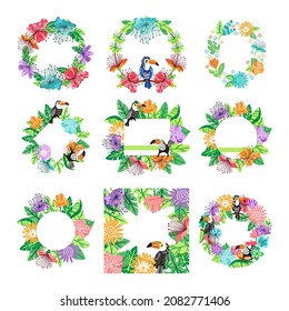 Round and square decorative summer frames in flat style with tropical flowers and birds. Exotic flowers and plants.