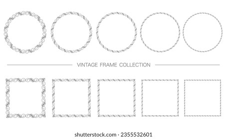 Marco Vintage Decorativo, Redondo Y Cuadrado, Aislado En Un Fondo Blanco. Ilustración vectorial. 
