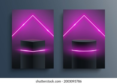 Round and square empty podium, pedestal or platform with neon purple lines. Gallery geometric blank product stands. Futuristic template for design, presentation, advertisement. Vector illustration.
