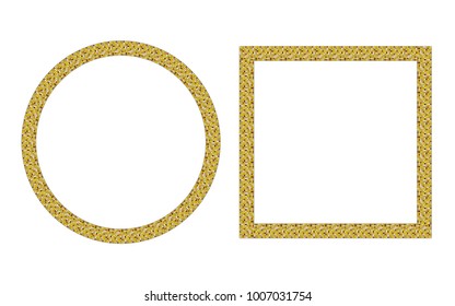 Round and square frame gold dot pattern. Sparkle glitter mosaic. Flashing sequins for wedding invitation card. Glistening shimmer texture with shiny yellow and brawn paillettes. Vector border.