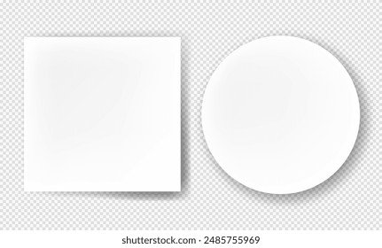 Round and square frames. Realistic blank paper sheets with shadows. Design template or mockup. 