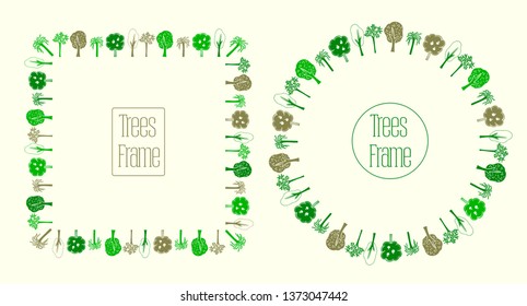 Round and square frames set with trees, hand drawn vector illustration