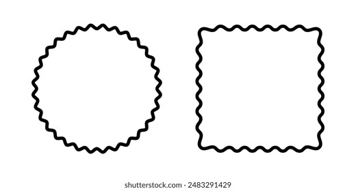 Marcos redondos y cuadrados con bordes ondulados. Formas circulares y rectangulares con bordes curvos. Vaciar cuadros de texto, etiquetas o etiquetas con radios sobre fondo blanco. Ilustración gráfica Vector.