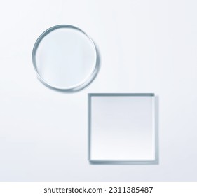 Round and square glass shapes isolated on white background.