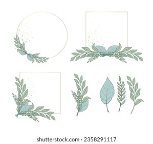 Round and square golden frames with decor from greenery and plant branches, elements for wedding design, anniversary, birthday. Aesthetic flat illustration isolated on white background.
