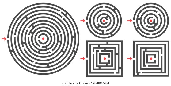 Round and square labyrinths, reach the red dot. The puzzles are challenging and easy to set. Isolated on white background