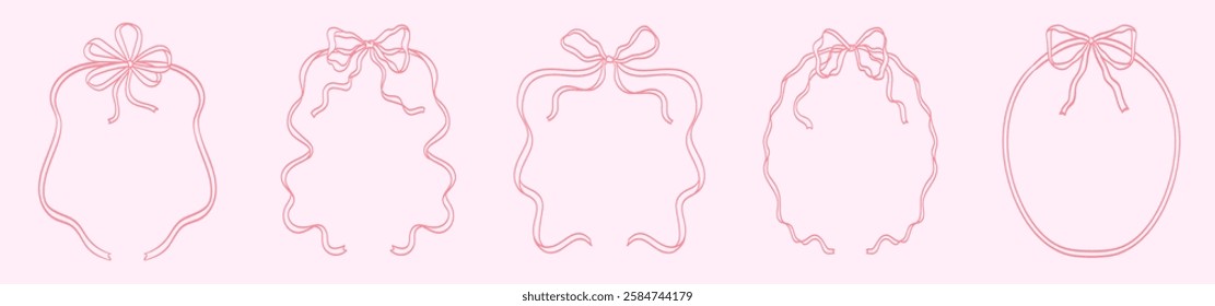 Round, square like frames with bow and ribbons. Hand Drawn coquette borders for wedding invitation. Whimsical frames for birthday card, menu, party graphic design . Minimalist elegant line art.