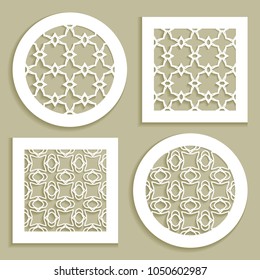 Round and square line patterns, templates for laser cutting, plotter cutting, printing. Geometric design cut out of paper. Mandala Islamic die cut ornament. Fretwork panels, cutout silhouette stencils