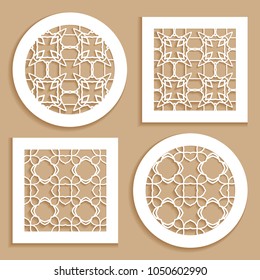 Round and square line patterns, templates for laser cutting, plotter cutting, printing. Geometric design cut out of paper. Mandala Islamic die cut ornament. Fretwork panels, cutout silhouette stencils