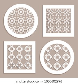 Round and square line patterns, templates for laser cutting, plotter cutting, printing. Geometric design cut out of paper. Mandala Islamic die cut ornament. Fretwork panels, cutout silhouette stencils