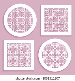 Round and square line patterns, templates for laser cutting, plotter cutting, printing. Geometric design cut out of paper. Mandala Islamic die cut ornament. Fretwork panels, cutout silhouette stencils