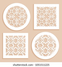 Round and square line patterns, templates for laser cutting, plotter cutting, printing. Geometric design cut out of paper. Mandala Islamic die cut ornament. Fretwork panels, cutout silhouette stencils