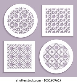 Round and square line patterns, templates for laser cutting, plotter cutting, printing. Geometric design cut out of paper. Mandala Islamic die cut ornament. Fretwork panels, cutout silhouette stencils