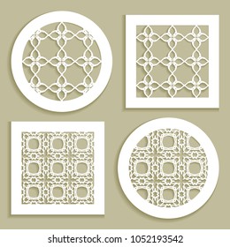 Round and square line patterns, templates for laser cutting, plotter cutting, printing. Geometric design cut out of paper. Mandala Islamic die cut ornament. Fretwork panels, cutout silhouette stencils