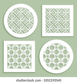 Round and square line patterns, templates for laser cutting, plotter cutting, printing. Geometric design cut out of paper. Mandala Islamic die cut ornament. Fretwork panels, cutout silhouette stencils