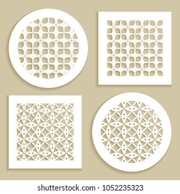 Round and square line patterns, templates for laser cutting, plotter cutting, printing. Geometric design cut out of paper. Mandala Islamic die cut ornament. Fretwork panels, cutout silhouette stencils
