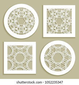 Round and square line patterns, templates for laser cutting, plotter cutting, printing. Geometric design cut out of paper. Mandala Islamic die cut ornament. Fretwork panels, cutout silhouette stencils