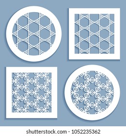Round and square line patterns, templates for laser cutting, plotter cutting, printing. Geometric design cut out of paper. Mandala Islamic die cut ornament. Fretwork panels, cutout silhouette stencils