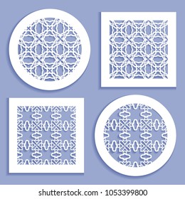 Round and square line patterns, templates for laser cutting, plotter cutting, printing. Geometric design cut out of paper. Mandala Islamic die cut ornament. Fretwork panels, cutout silhouette stencils