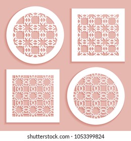 Round and square line patterns, templates for laser cutting, plotter cutting, printing. Geometric design cut out of paper. Mandala Islamic die cut ornament. Fretwork panels, cutout silhouette stencils