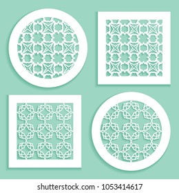 Round and square line patterns, templates for laser cutting, plotter cutting, printing. Geometric design cut out of paper. Mandala Islamic die cut ornament. Fretwork panels, cutout silhouette stencils